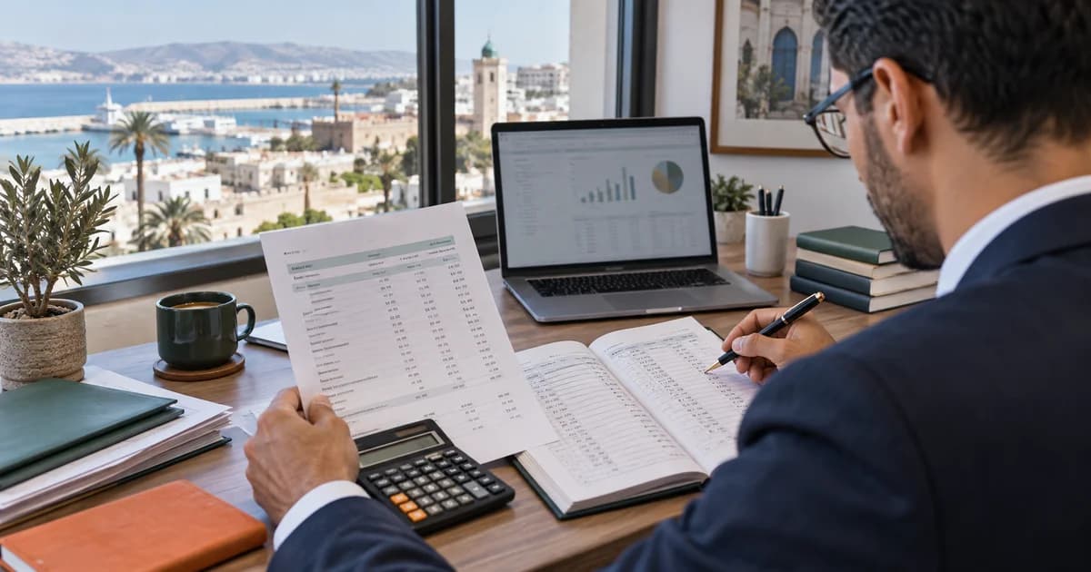 Comptable comparant un relevé bancaire avec un registre et un ordinateur dans un bureau à Tanger