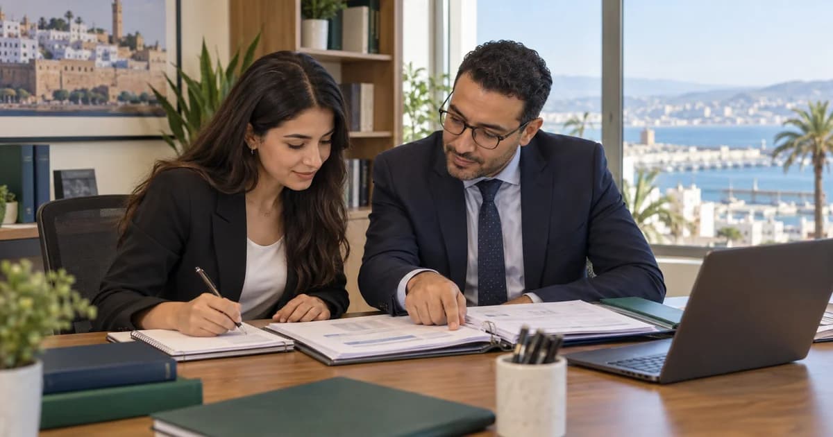 Stagiaire en comptabilité travaillant sur un dossier avec un encadrant dans un bureau à Tanger